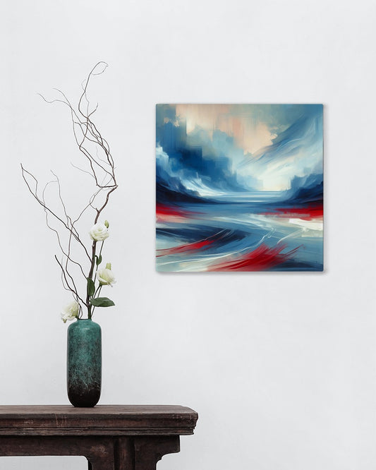 Serene Blue and Red Modern Landscape Art