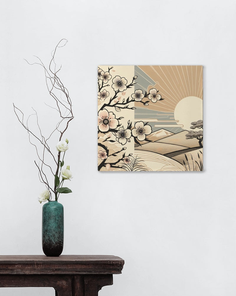 Ambara Serene Sakura: Luminescent Japanese Sunrise Canvas