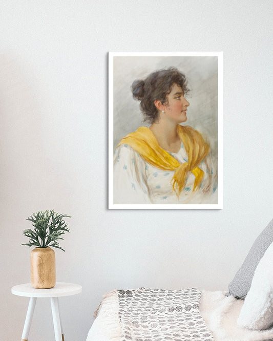 A portrait of an Italian woman in a yellow shawl by Vittorio Tessari Naturalism Art