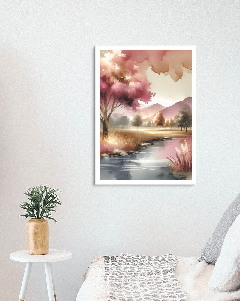 Aurelian Prasanna Landscape: Modern Pink and Gold Watercolor Panorama