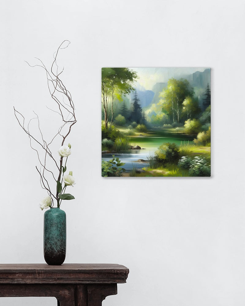 Serene Vistarama: Exquisite Verdant Landscape Oil Painting