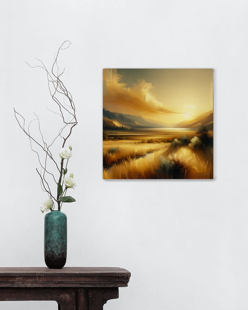 Aureate Vistara Serenitas - Modern Golden Landscape Oil Painting