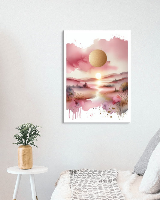 Auroral Pinkum Vistam: Luxuriant Pink and Gold Watercolor Landscape Art