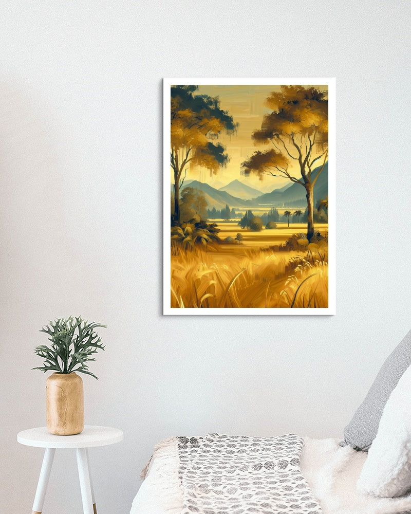 Aureate Pristinam Vistas: Serene Golden Landscape Oilpainting