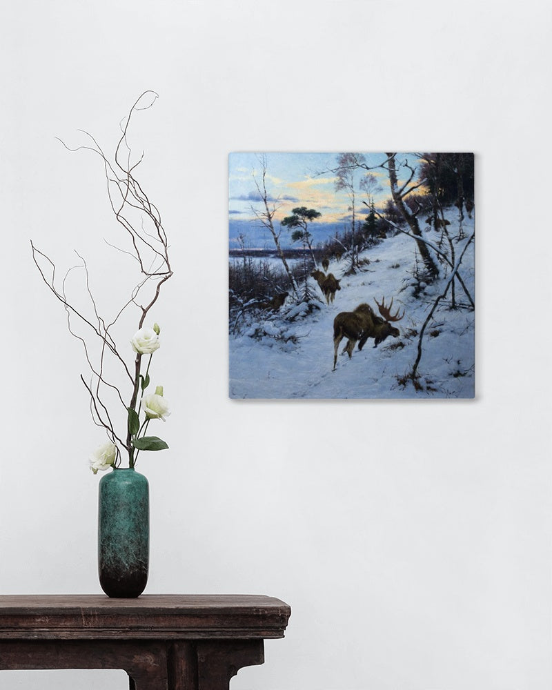 Moose in a Winter Landscape by Richard Friese Naturalism Art dated 1895