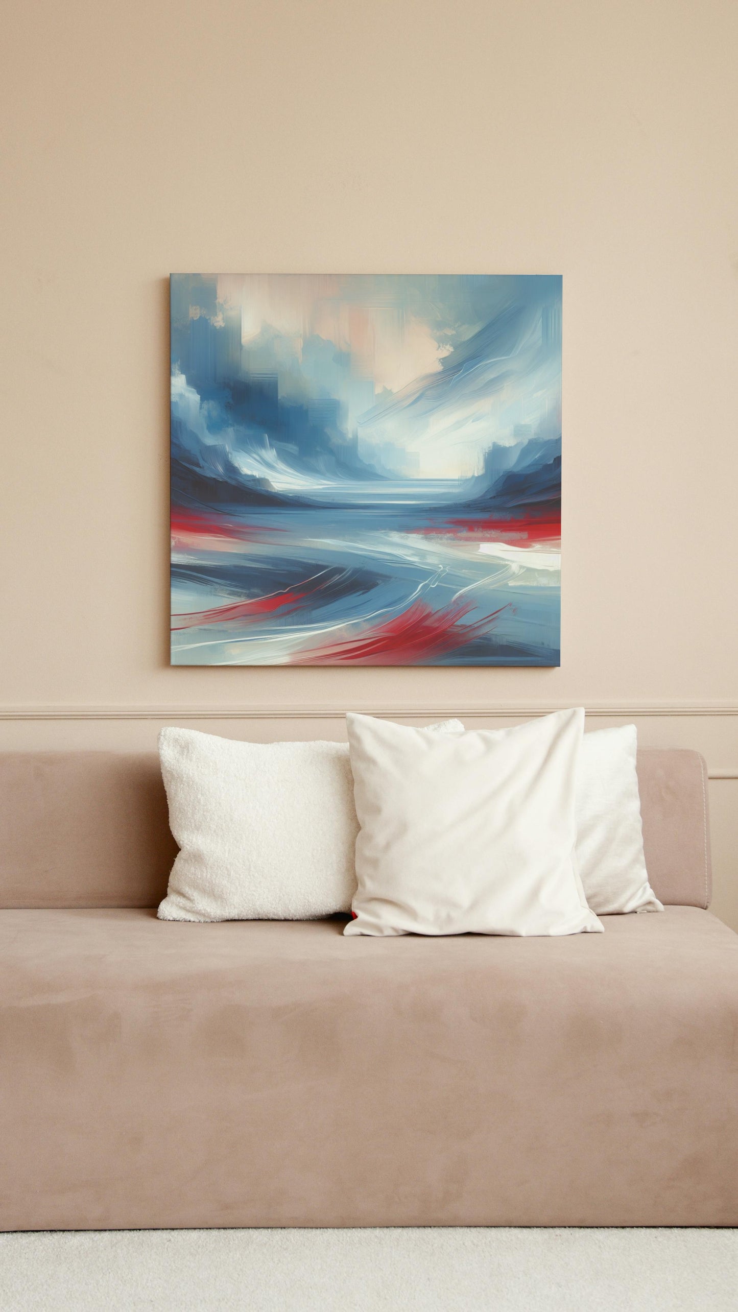 Serene Blue and Red Modern Landscape Art