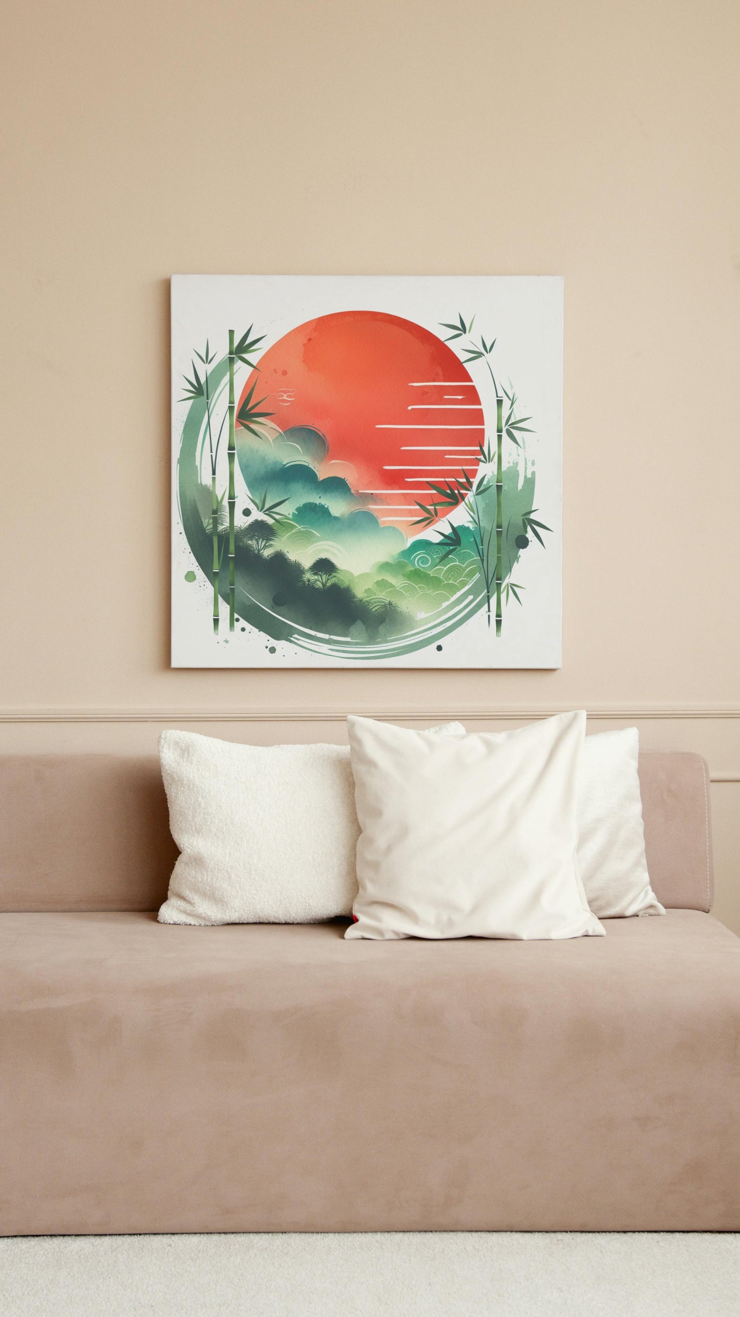 Aurantiaco Sole Bamboo Zenith: Vibrant Japanese Watercolor Art