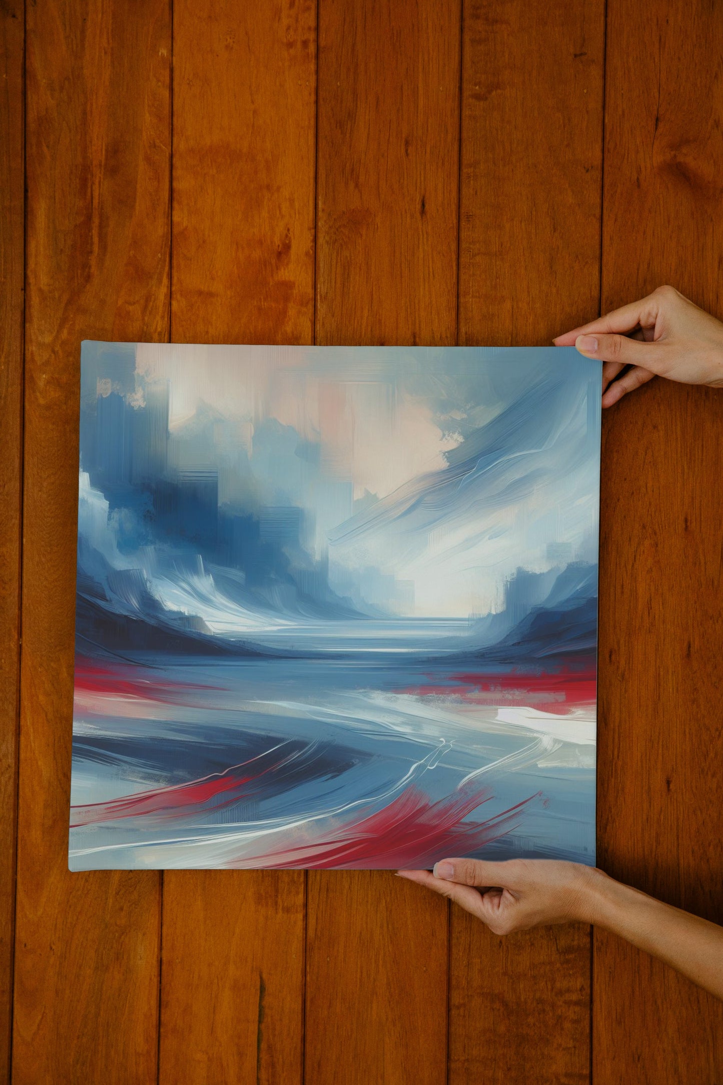 Serene Blue and Red Modern Landscape Art