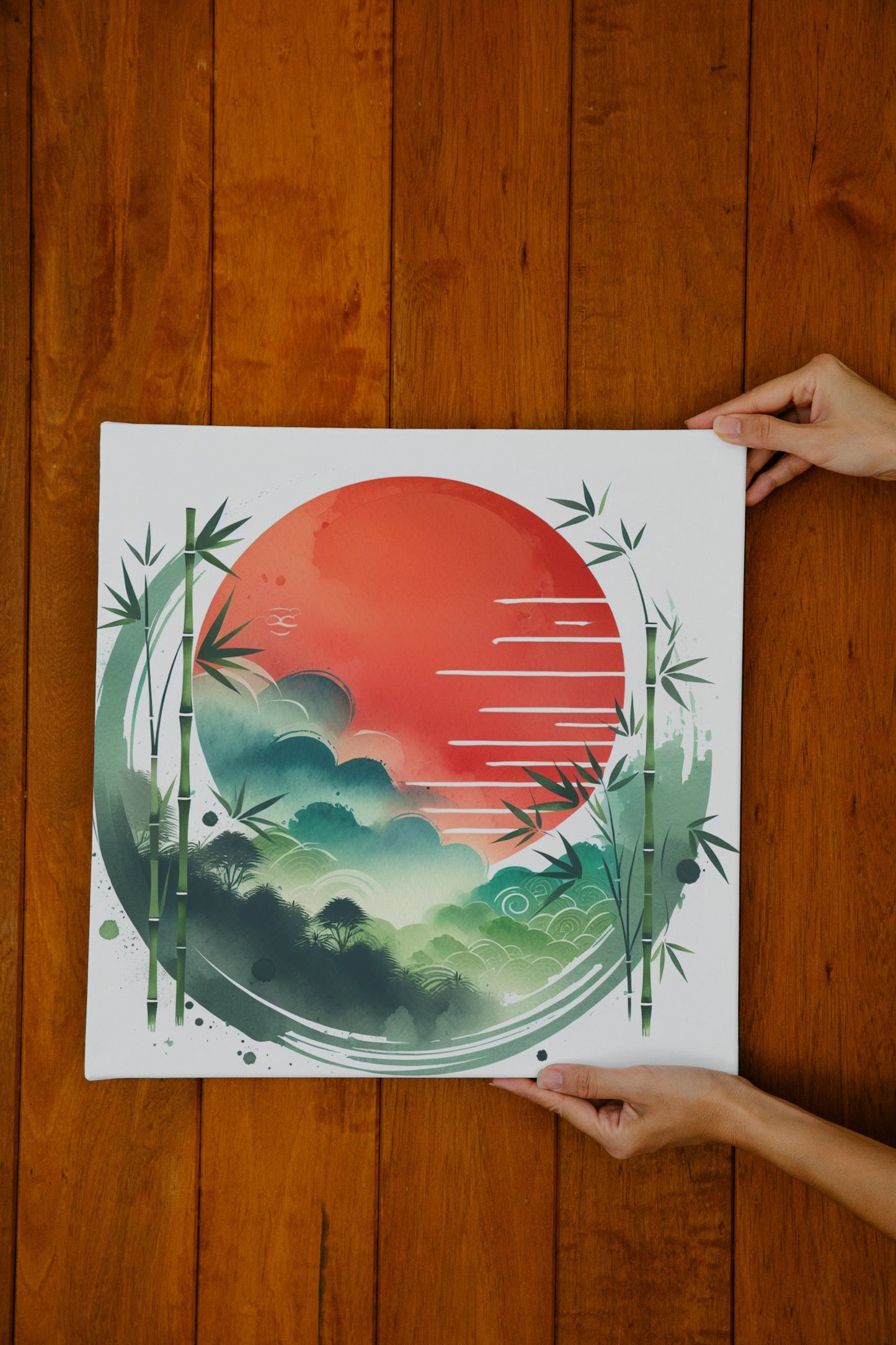 Aurantiaco Sole Bamboo Zenith: Vibrant Japanese Watercolor Art