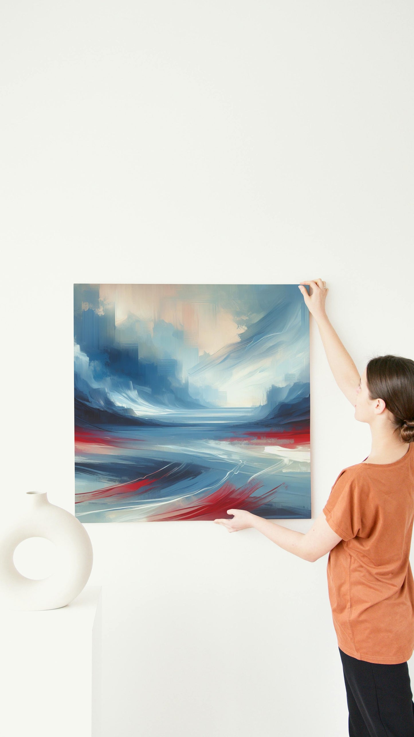 Serene Blue and Red Modern Landscape Art