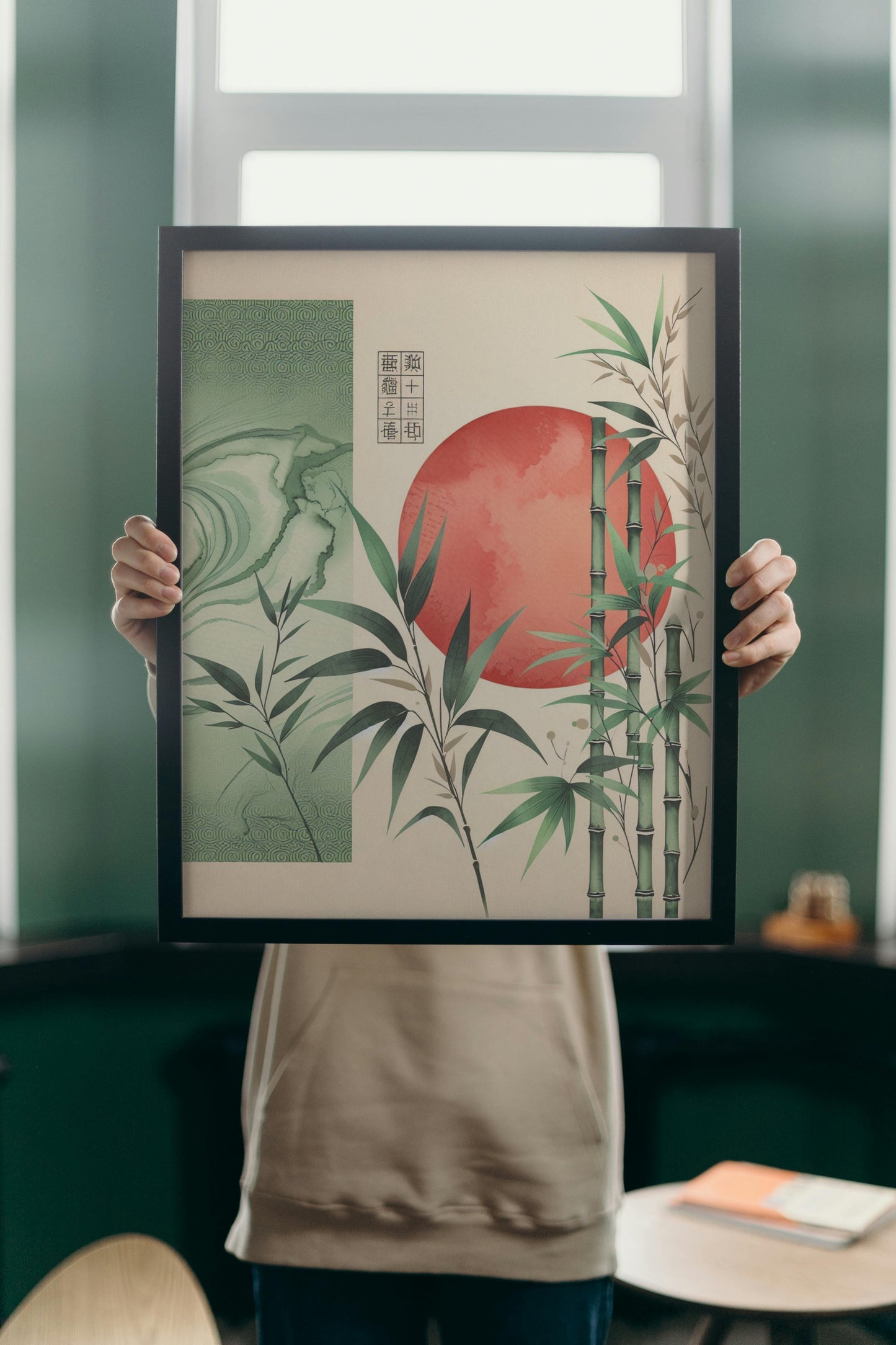 Auroralis Virent Pristinus: Japanese Watercolor Art with Sun and Bamboo