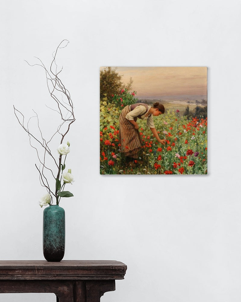 Girl Picking Poppies by Daniel Ridgway Knight Realism Art dated 1898