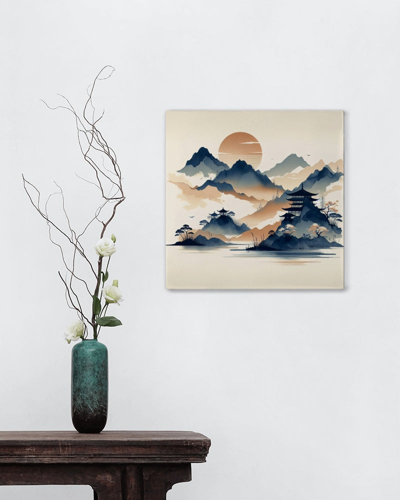 Serene Samskrita Navy & Beige Watercolor: Modern Japanese Art