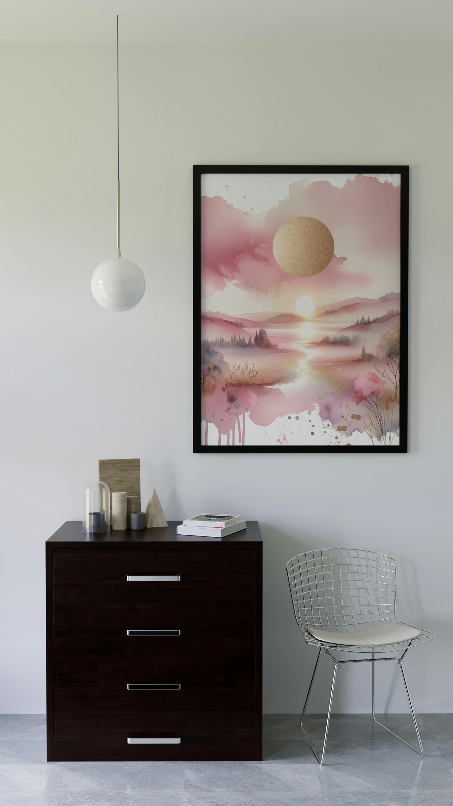 Auroral Pinkum Vistam: Luxuriant Pink and Gold Watercolor Landscape Art