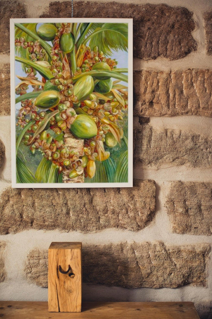 Female Coco de Mer Bearing Fruit Covered with Small Green Lizards by Marianne North Naturalism Art