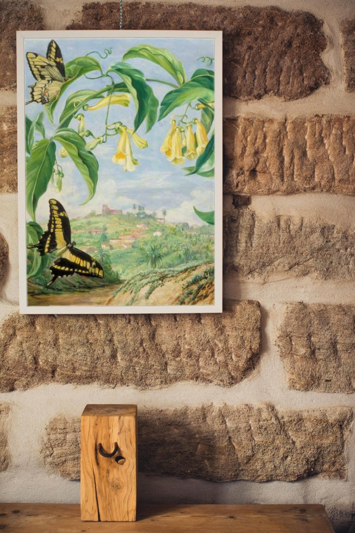 Yellow Bignonia and Swallow-Tail Butterflies with a View of Congonhas, Brazil by Marianne North Naturalism Art