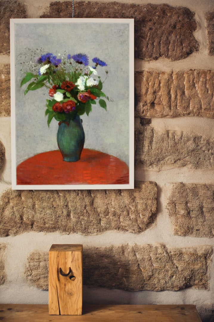 Vase of Flowers on a Red Tablecloth by Odilon Redon Realism Art dated 1900