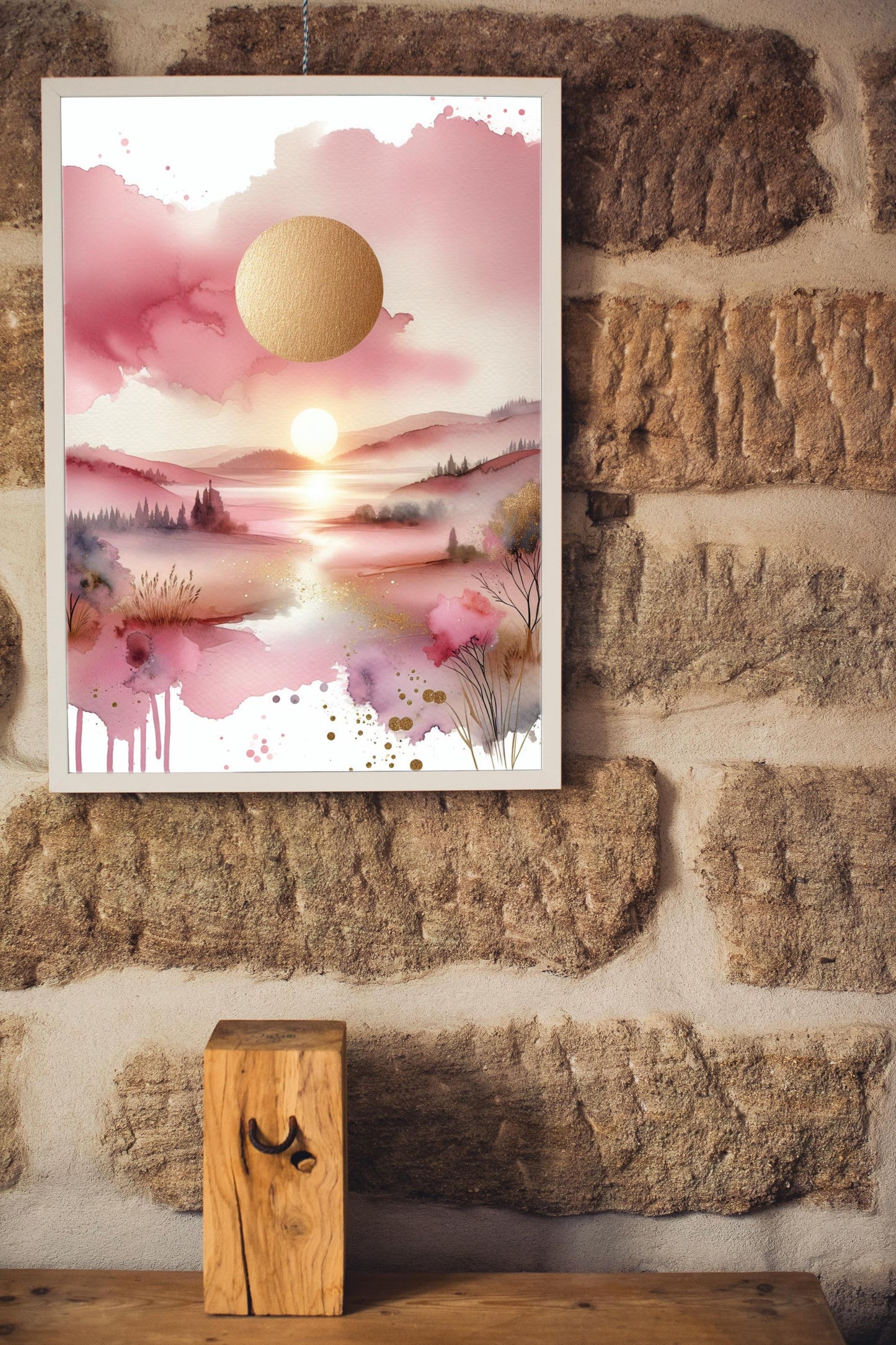 Auroral Pinkum Vistam: Luxuriant Pink and Gold Watercolor Landscape Art