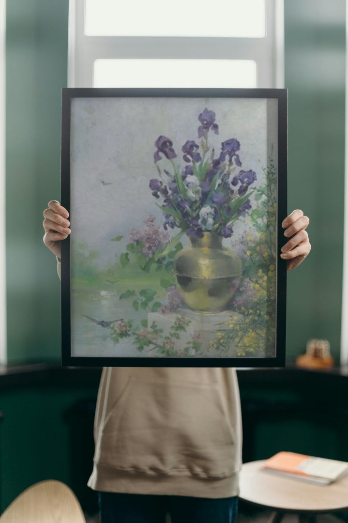 A Vase of Irises on the Terrace by Louise Abb&#233;ma dated 1885