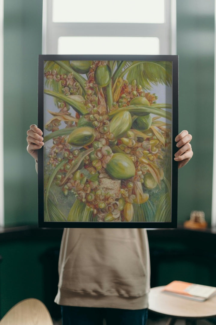 Female Coco de Mer Bearing Fruit Covered with Small Green Lizards by Marianne North Naturalism Art