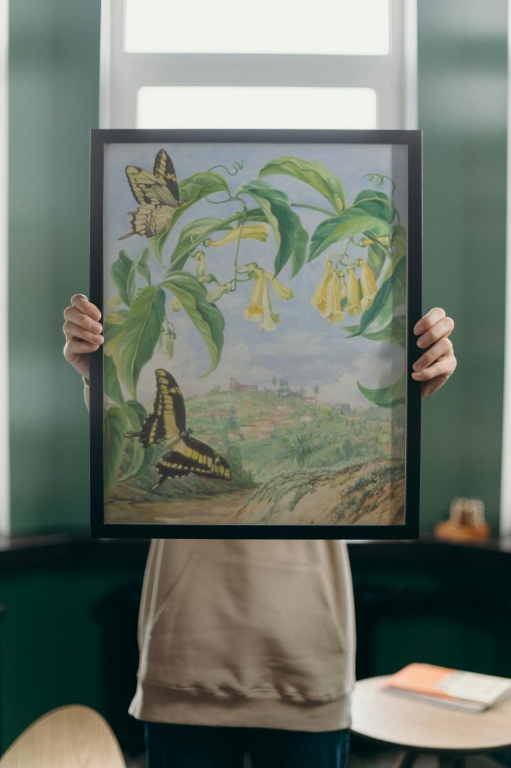 Yellow Bignonia and Swallow-Tail Butterflies with a View of Congonhas, Brazil by Marianne North Naturalism Art