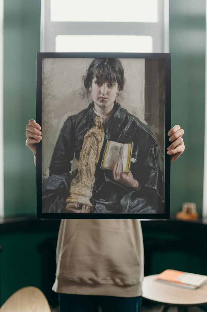 Girl with book and statuette of the Virgin by Antonio Mancini Verism Art dated 1878