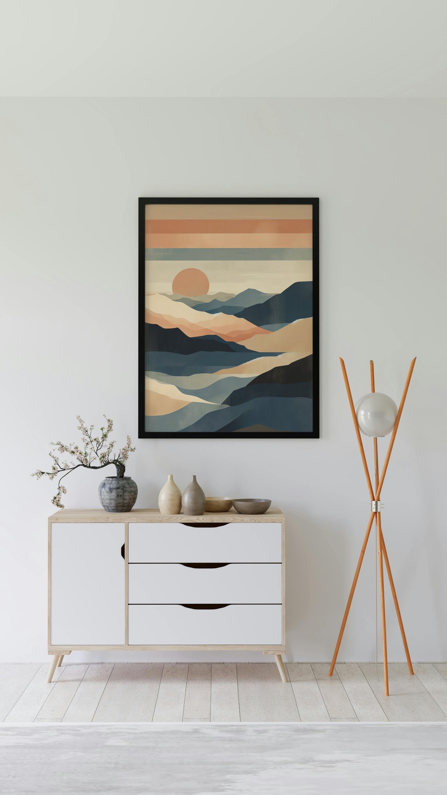 Seraphic Aranya Landscape Oilpainting: Modern Beige, Navy & Orange Hues