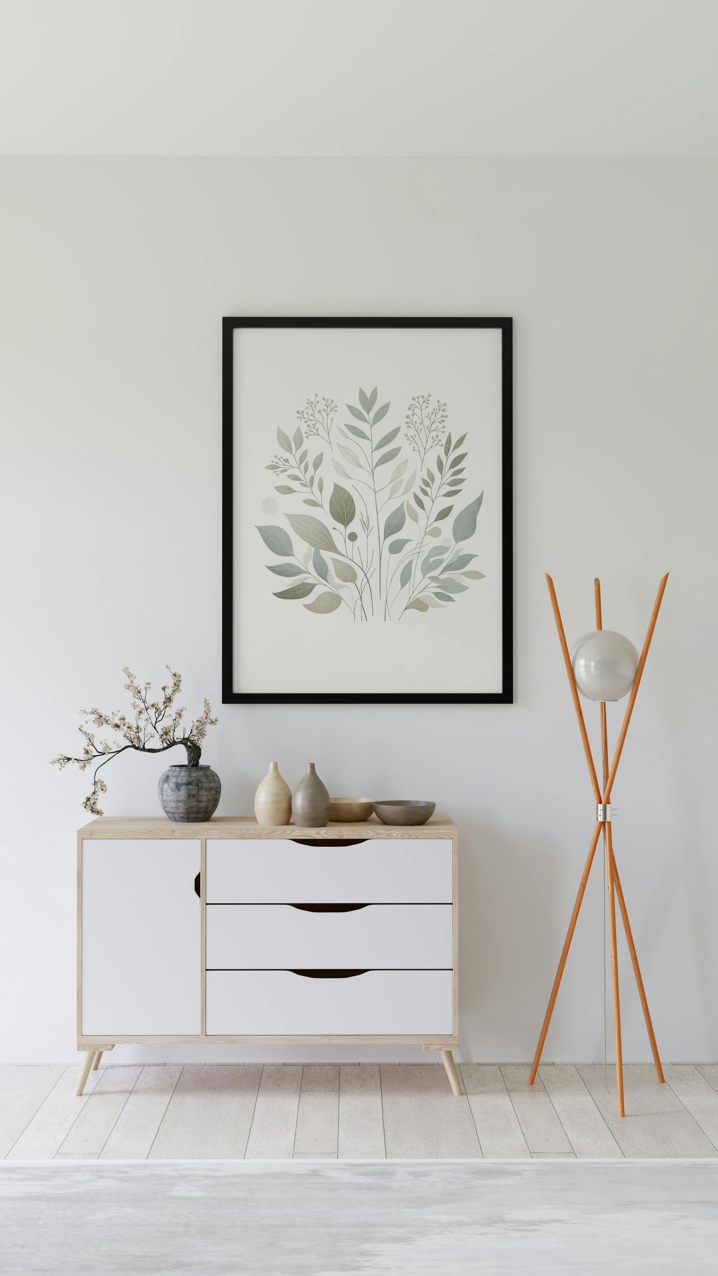 Verdant Aarunya Botanical Art: Modern Watercolor Sage and Off-White Organic Elements