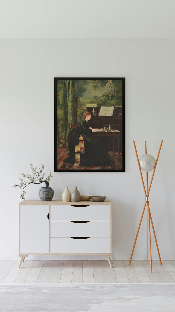 A Lady Seated at a Writing Desk by a Piano by Louise Abb&#233;ma dated 1872