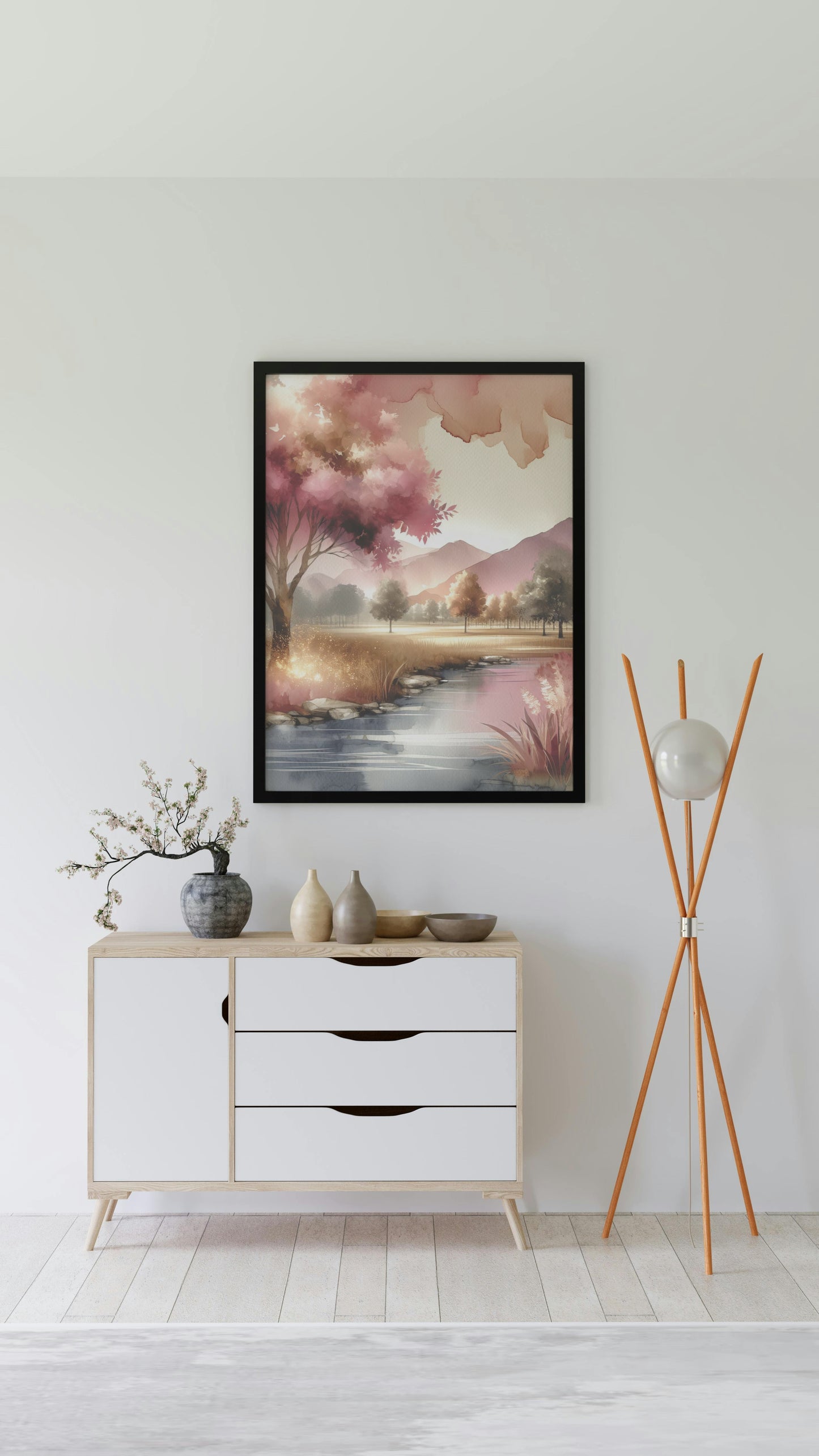 Aurelian Prasanna Landscape: Modern Pink and Gold Watercolor Panorama