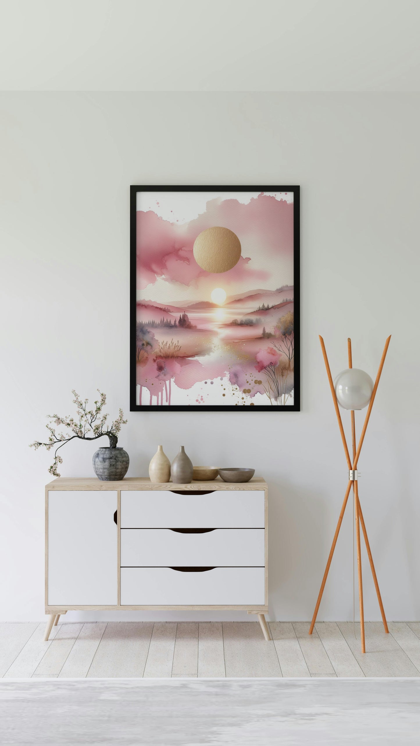 Auroral Pinkum Vistam: Luxuriant Pink and Gold Watercolor Landscape Art