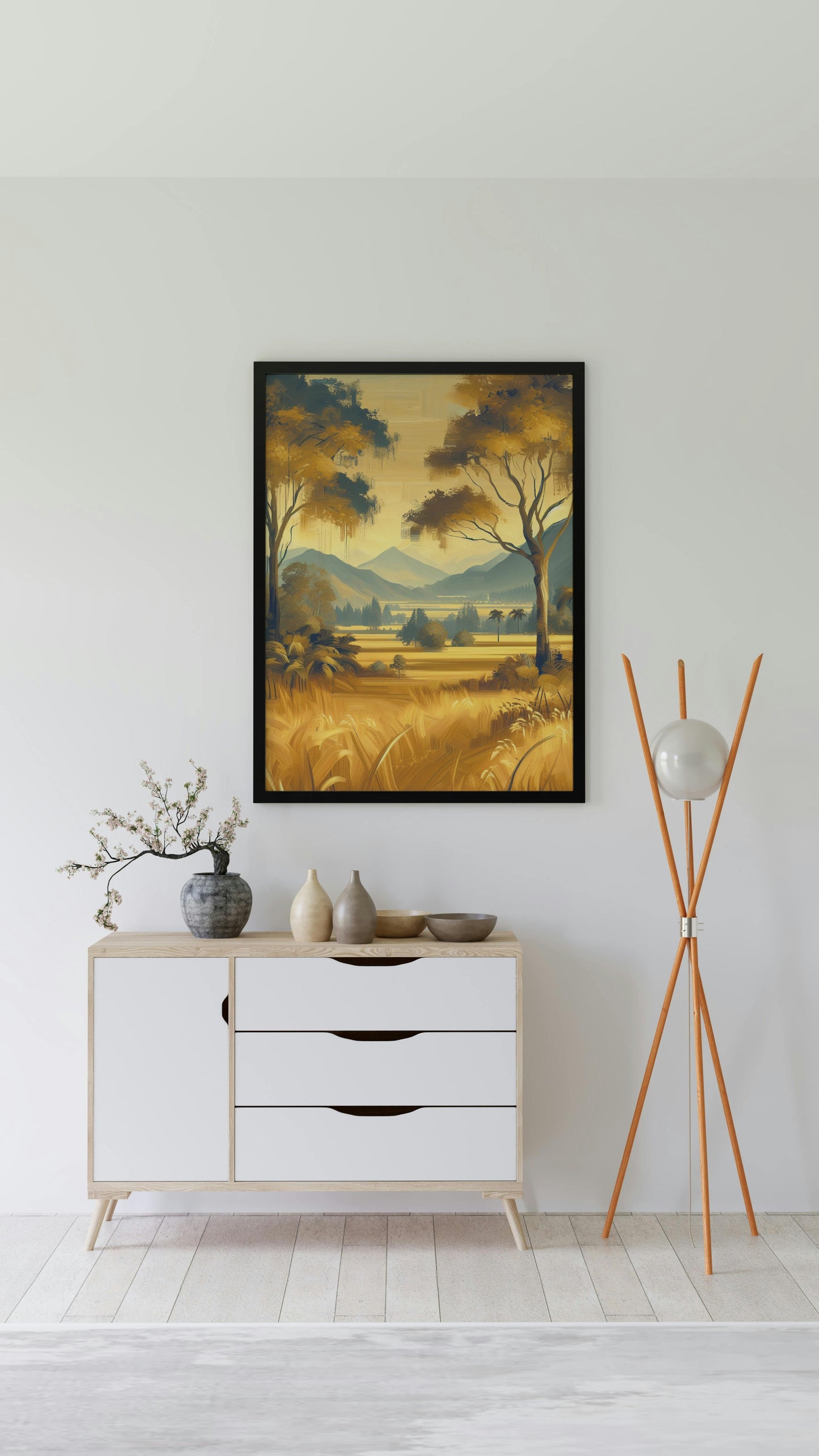 Aureate Pristinam Vistas: Serene Golden Landscape Oilpainting