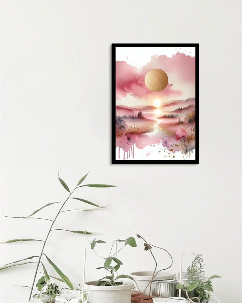 Auroral Pinkum Vistam: Luxuriant Pink and Gold Watercolor Landscape Art