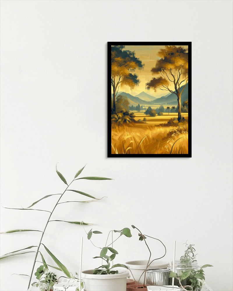 Aureate Pristinam Vistas: Serene Golden Landscape Oilpainting