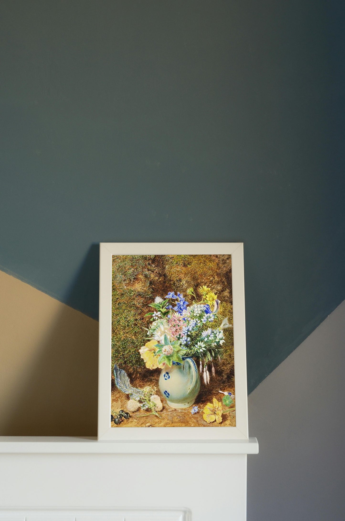 Pale blue china jug with heaths and small flowers by William Henry Hunt Naturalism Art dated 1860