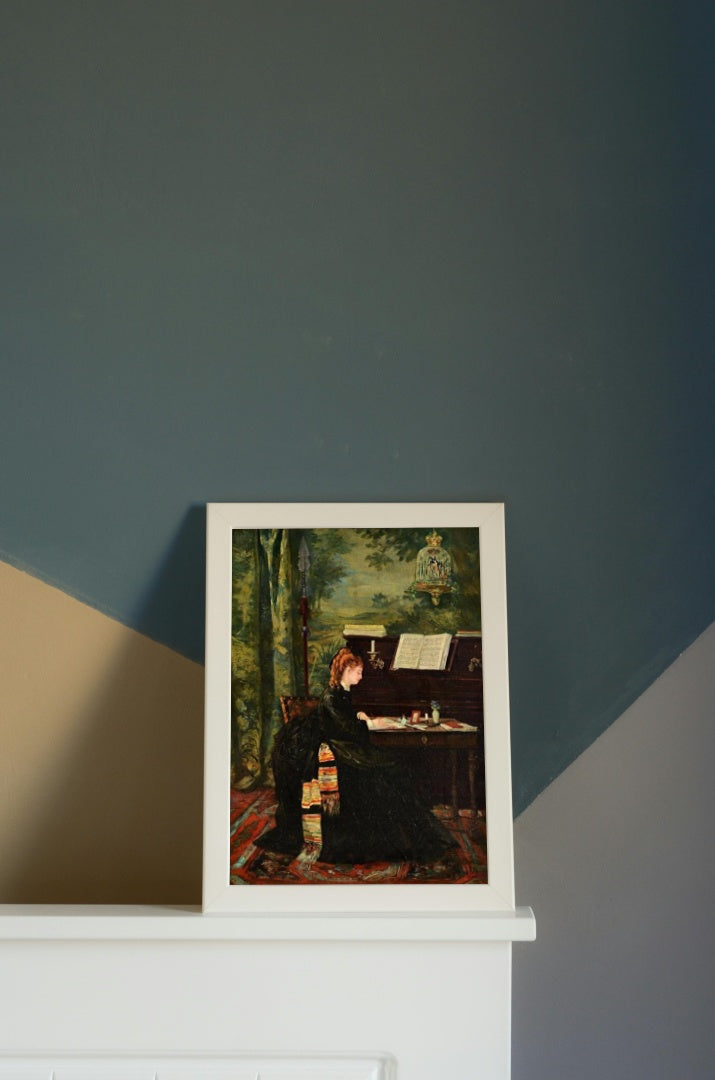 A Lady Seated at a Writing Desk by a Piano by Louise Abb&#233;ma dated 1872