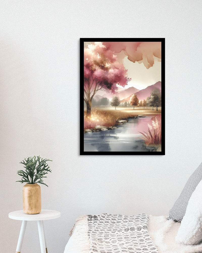 Aurelian Prasanna Landscape: Modern Pink and Gold Watercolor Panorama