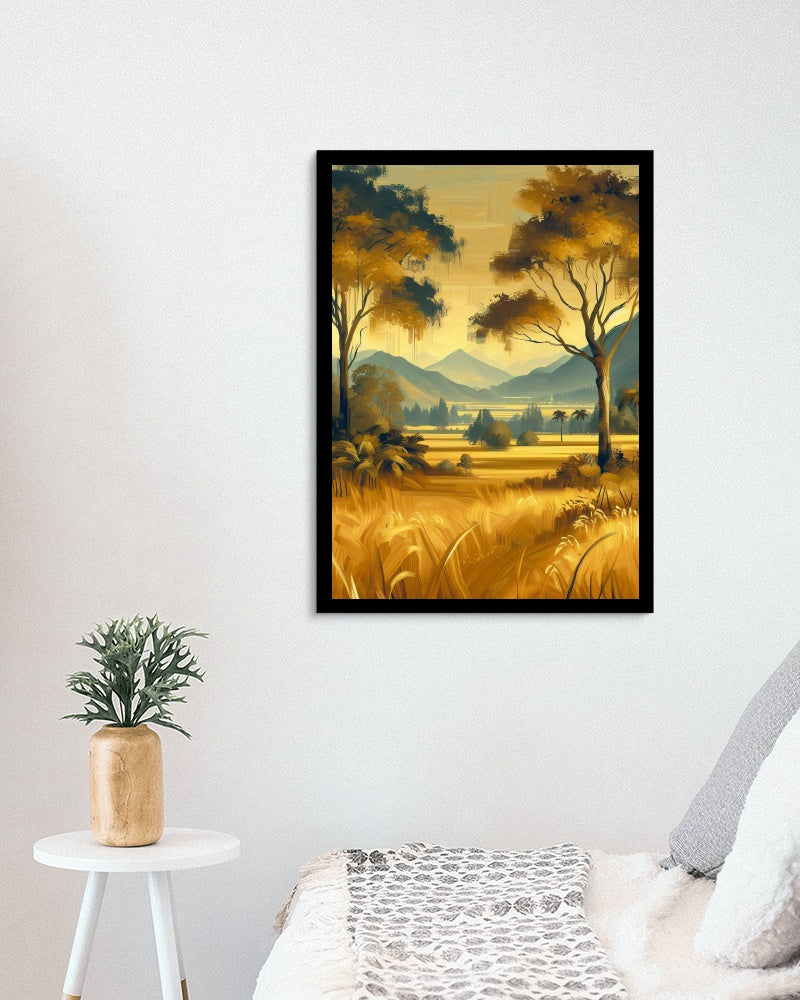 Aureate Pristinam Vistas: Serene Golden Landscape Oilpainting