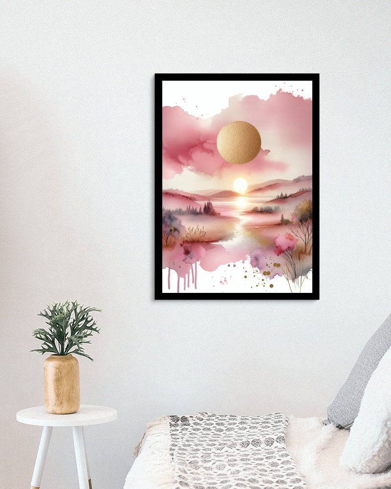 Auroral Pinkum Vistam: Luxuriant Pink and Gold Watercolor Landscape Art