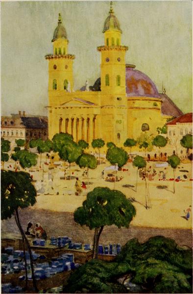 The cathedral and square, Szatmar by Marianne Stokes Impressionism Art dated 1909