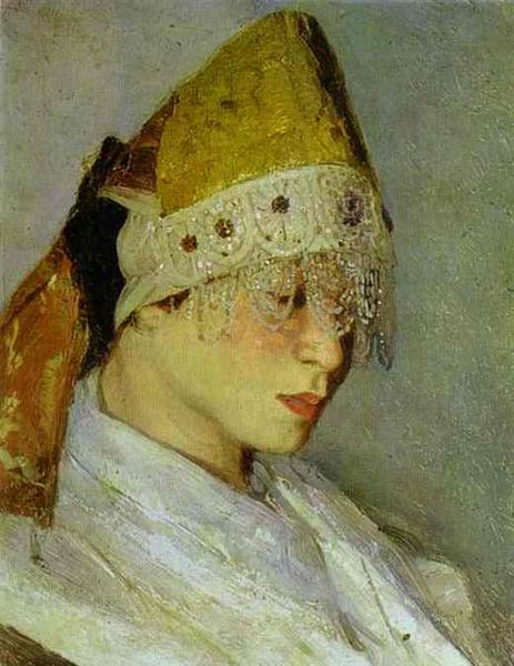 A Girl with Kokoshnik (Woman&#39;s Headdress in Old Russia) by Mikhail Nesterov Realism Art dated 1885