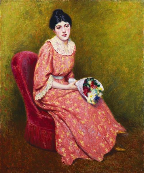 Young woman with a bouquet of flowers by Federico Zandomeneghi Impressionism Art dated 1907