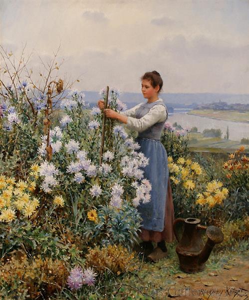 Chrysanthemums by Daniel Ridgway Knight Realism Art dated 1898