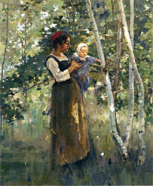 Mother and Child by the Hearth by Theodore Robinson Impressionism Art dated 1887