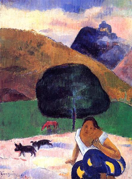 Landscape with black pigs and a crouching Tahitian by Paul Gauguin Post-Impressionism Art dated 1891