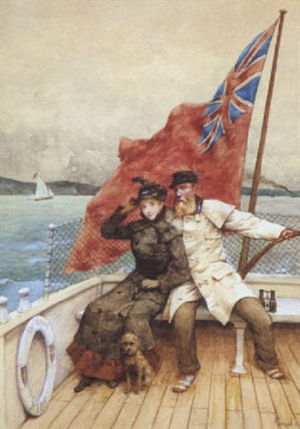 At the helm of the &quot;Daisy&quot; by Maurice Poirson Impressionism Art dated 1878