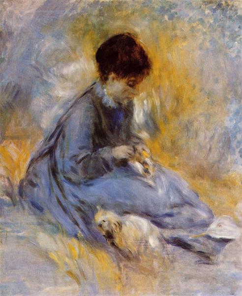 Young Woman with a Dog by Pierre-Auguste Renoir Impressionism Art dated 1876