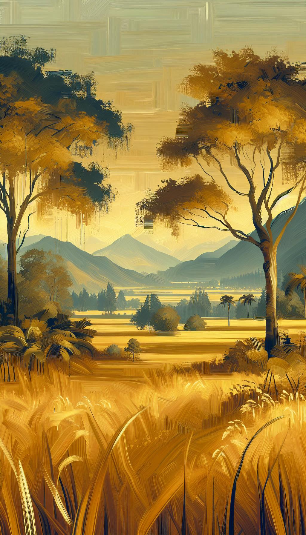 Aureate Pristinam Vistas: Serene Golden Landscape Oilpainting