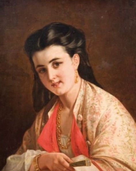 Young woman with a fan by Alexandre Antigna Naturalism Art dated 1873