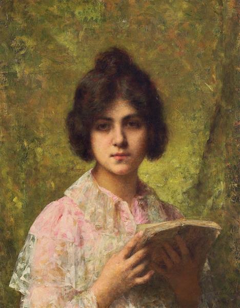 A young woman holding a book by Alexei Harlamoff Realism Art